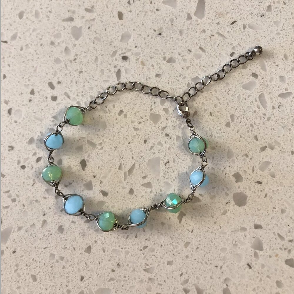 Handmade Silver-Tone Bracelet with Blue & Green Beads
